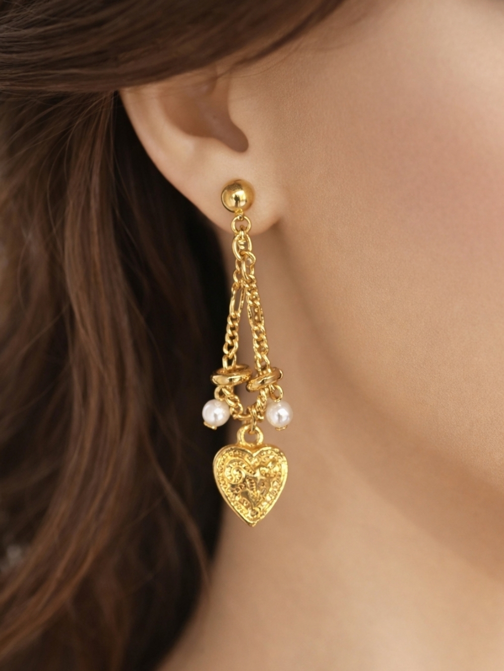 Gold tone Heart & Faux Pearl Dangle Earrings | Elegant Drop Earrings for Women